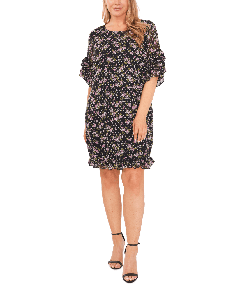 Front of a model wearing a size 14W Elodie Dotted Dress in RICH BLACK by CeCe. | dia_product_style_image_id:263753